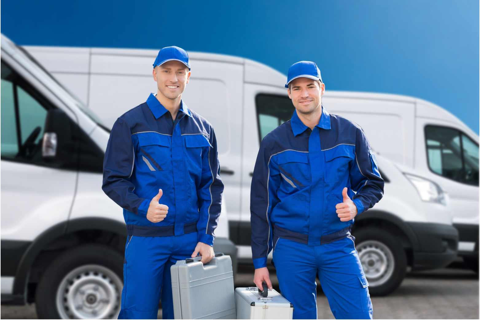 2 Homens uniformizados sorrindo segurando caixa de ferramentas